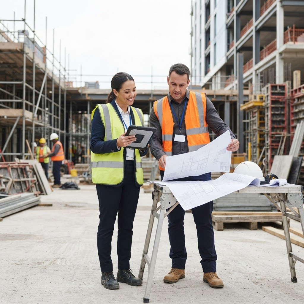 Two DAMAS consultants reviewing construction documentation on site