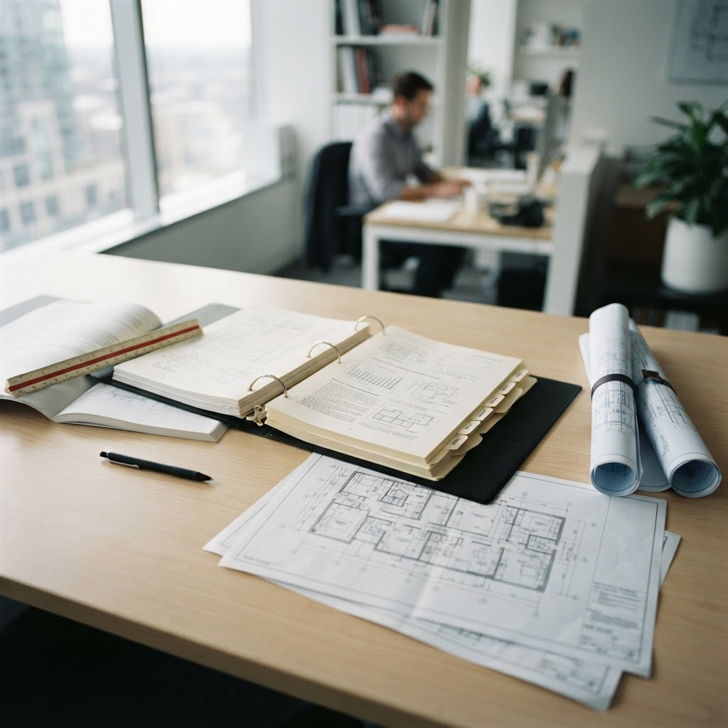 Architectural blueprints, as-built drawings and an operation and maintenance manual on a desk